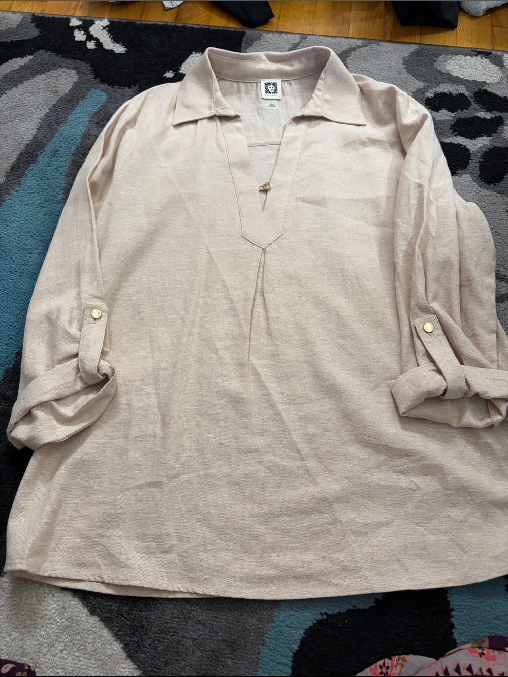 Linen Anne Klein Light Beige Casual Button-Down Tunic Shirt